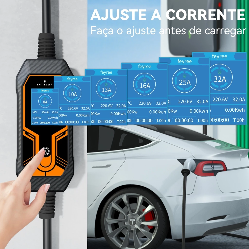 Carregador para Carro Elétrico Portátil Tesla BYD 7kW 32A Type 2 110V/220V