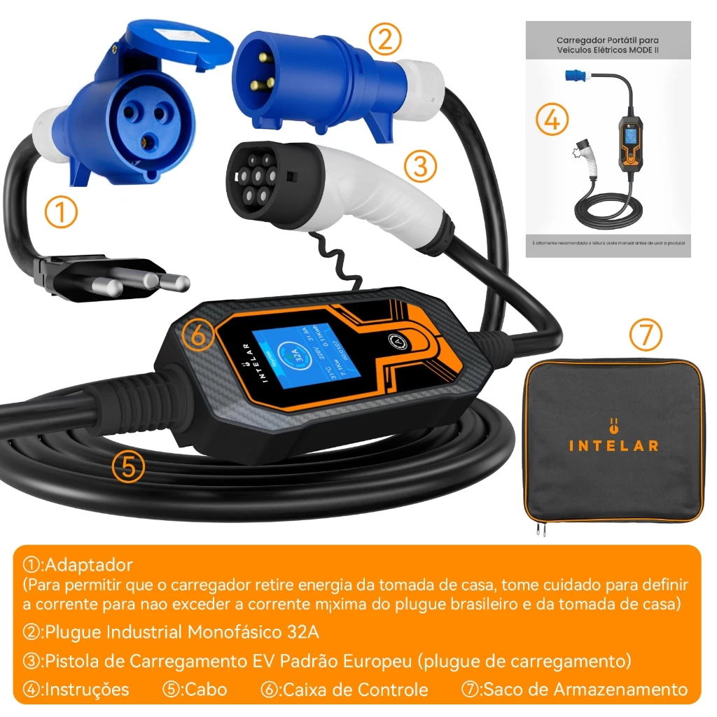 Carregador para Carro Elétrico Portátil Tesla BYD 7kW 32A Type 2 110V/220V