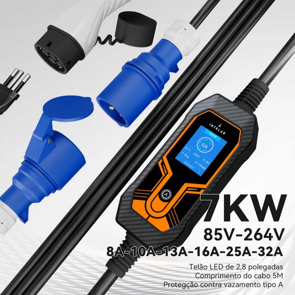 Carregador para Carro Elétrico Portátil Tesla BYD 7kW 32A Type 2 110V/220V