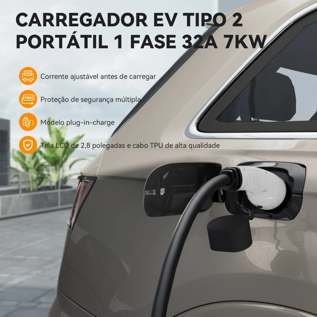 Carregador para Carro Elétrico Portátil Tesla BYD 7kW 32A Type 2 110V/220V