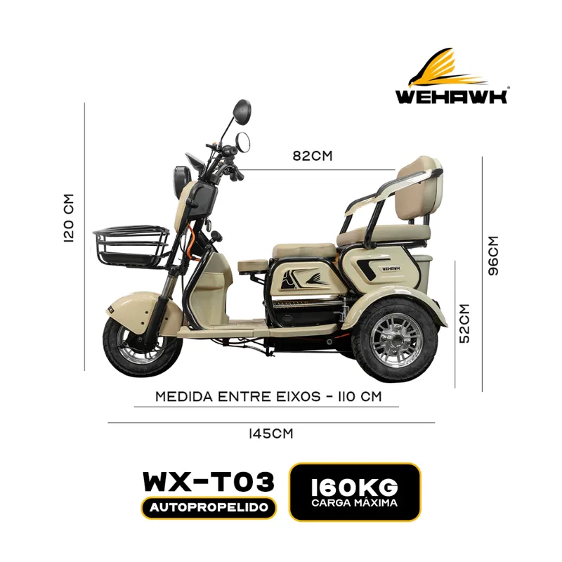 Triciclo Elétrico 3 Lugares WeHawk WX-T03 Bateria de Lítio 800W 48V 20Ah