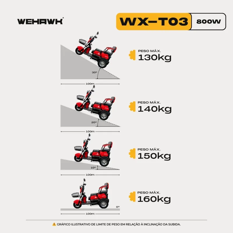 Triciclo Elétrico 3 Lugares WeHawk WX-T03 Bateria de Lítio 800W 48V 20Ah
