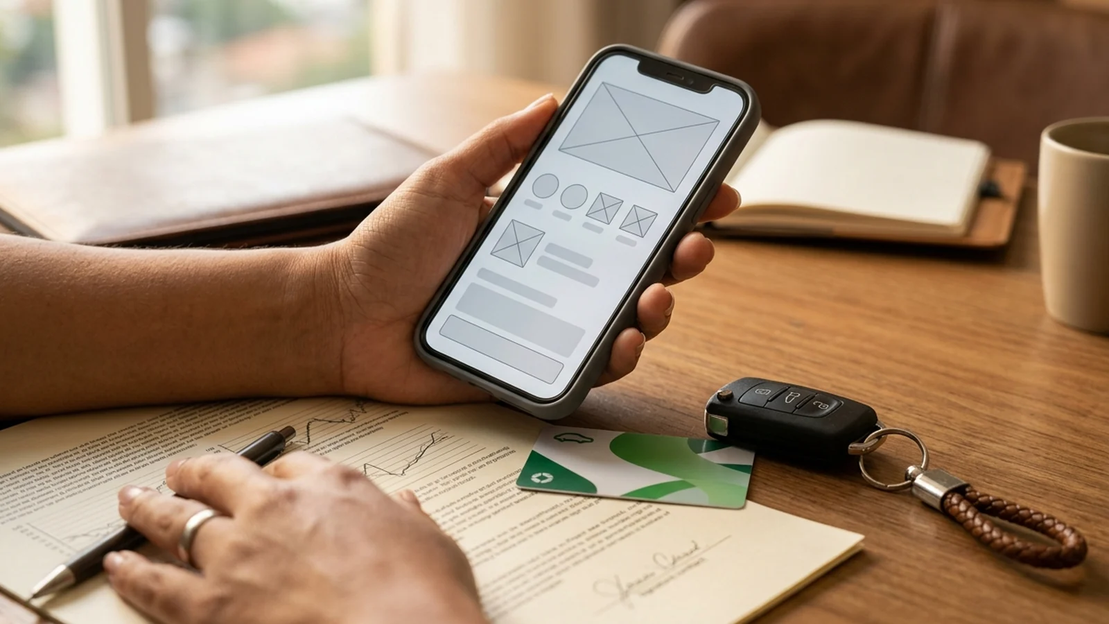 Mão de motorista com celular, chaves do carro e contrato de financiamento sobre a mesa