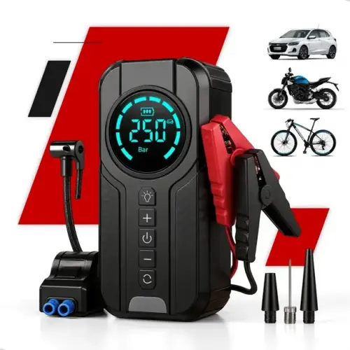 Bateria 12V do carro elétrico descarregou? Auxiliar de partida (com compressor) para não ficar na mão