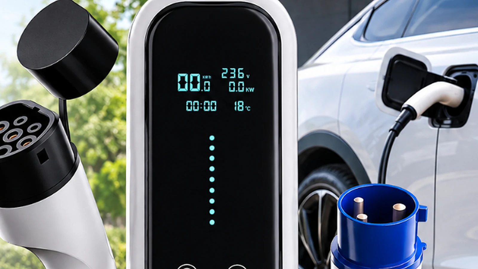 Detalhe do carregador JOYFOX 7 kW: display digital com potência, tensão, tempo e temperatura, led de status, conector Tipo 2 e adaptador industrial azul