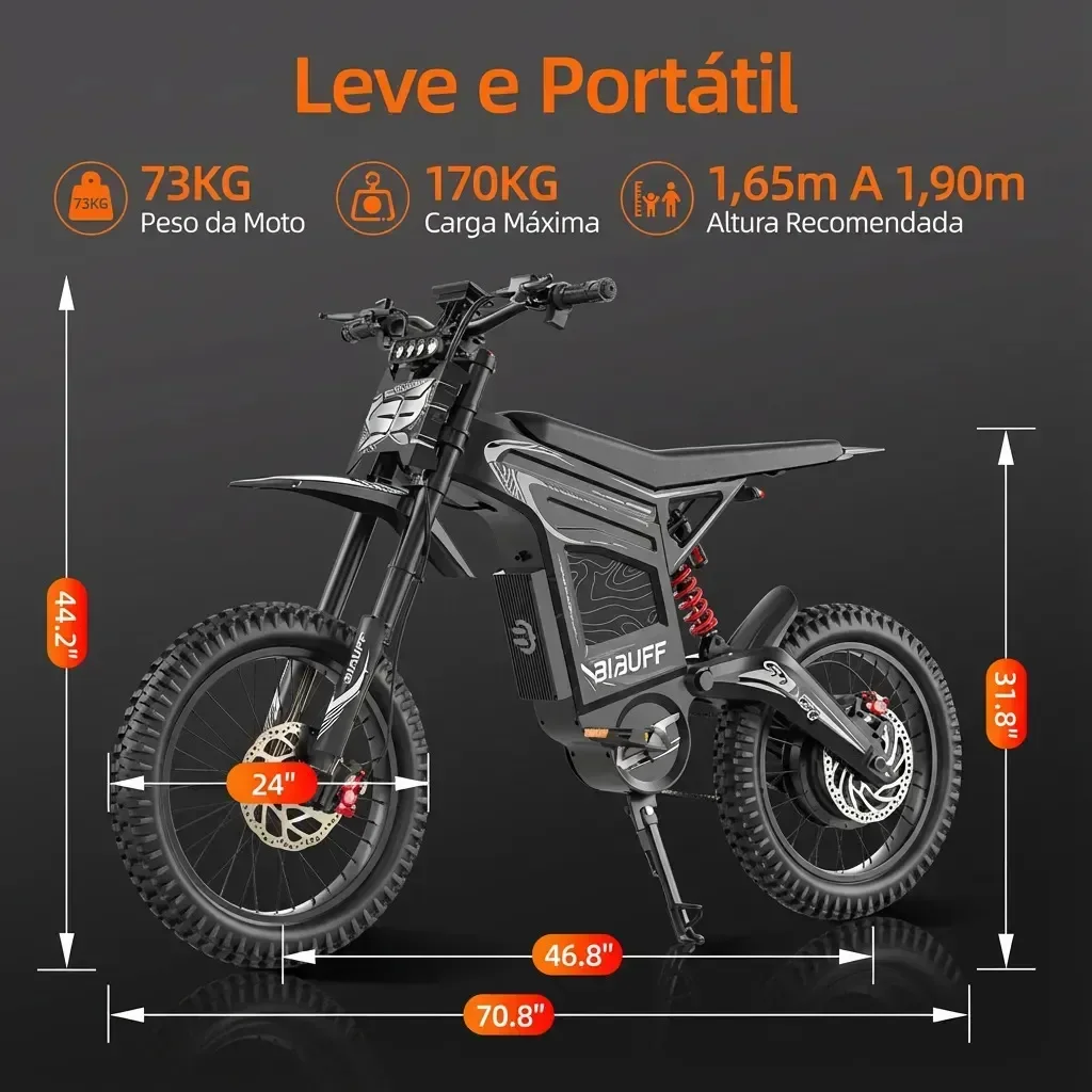 Infográfico com o peso de 70 kg e as medidas da moto elétrica GT600