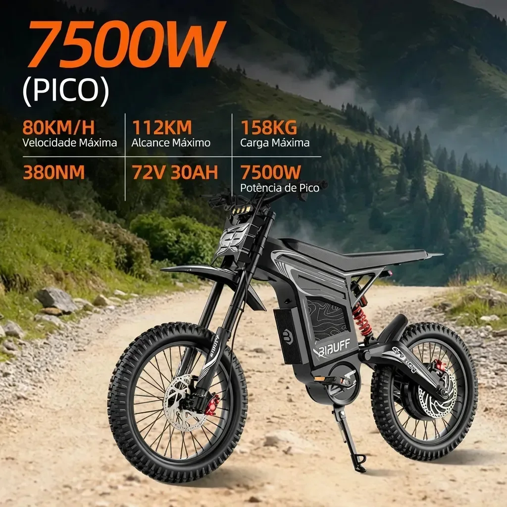 Infográfico com 7.500 W de pico, bateria de 72 V 30 Ah e 80 km/h