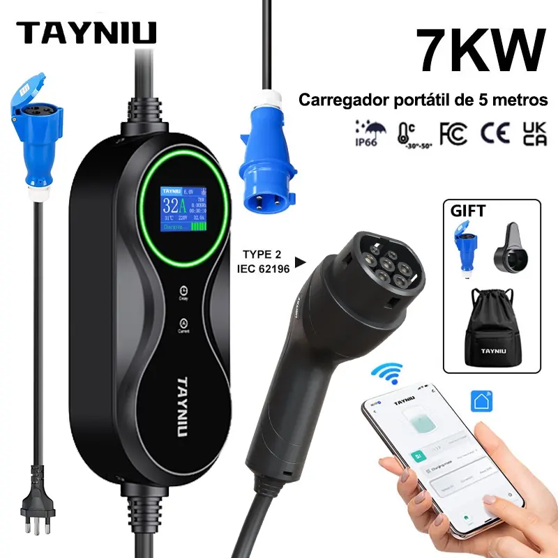 Carregador portátil TAYNIU 7 kW 32A com cabo de 5 m e aplicativo