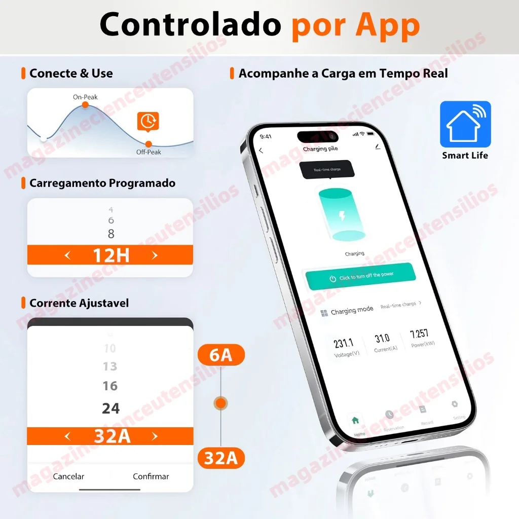 Tela do app do wallbox 22 kW com corrente, agendamento e histórico